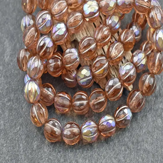 *20* 8mm Metallic Beige Washed Matte Peach AB Faceted Round Melon Beads {4}