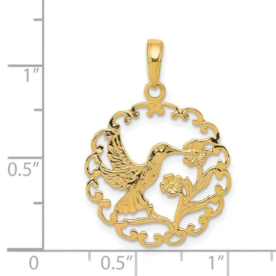 14K Yellow Gold Hummingbird & Flower Charm Bird Pendant Jewerly 27mm x 20mm {2}