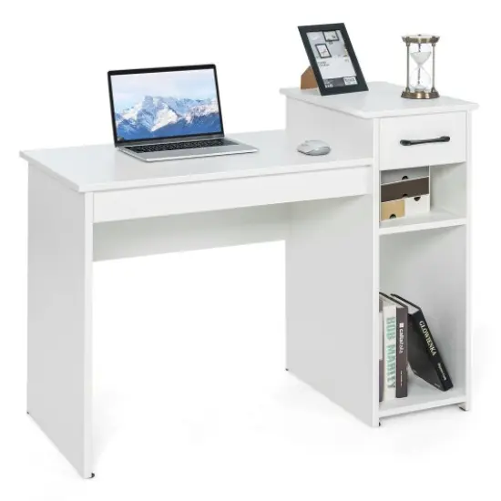 White Computer Desk PC Laptop Table with Drawer and 2-Tier Storage Shelf {1}