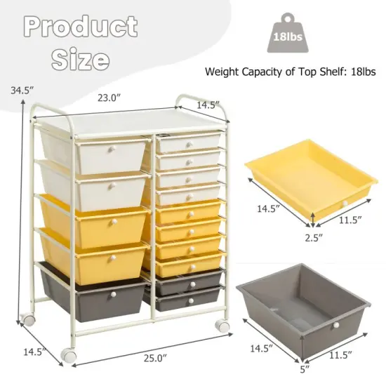15-Drawers Multi-Use Rolling Storage Organizer Cart with Chrome Finish Steel Frame Perfect for Any Room Yellow {6}