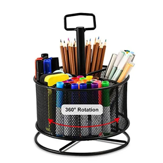 360-Degree Rotating Multi-Functional Pen Holder, 4 Compartments Desktop Stationary Organizer, Home Office Art Supply Storage Box Caddy (Black) {3}