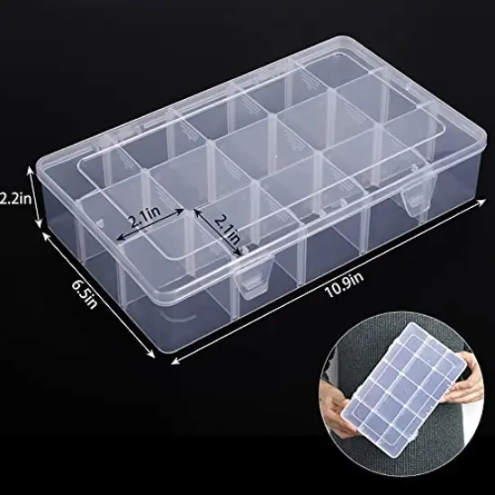3 Pack 15 Grids Large Plastic Storage Box Organizer Box,15 Compartments with Dividers for Tackle Box,Beads,Washi Tape,Ribbon, Crafts, Art Supply 10.9X6.5X2.2inch {1}