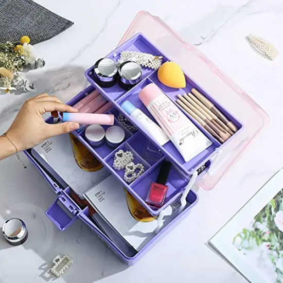 12'' Three-Layer Clear Plastic Storage Box/Tool Box, Multipurpose Organizer and Portable Handled Storage Case for Art Craft and Cosmetic (Purple) {3}