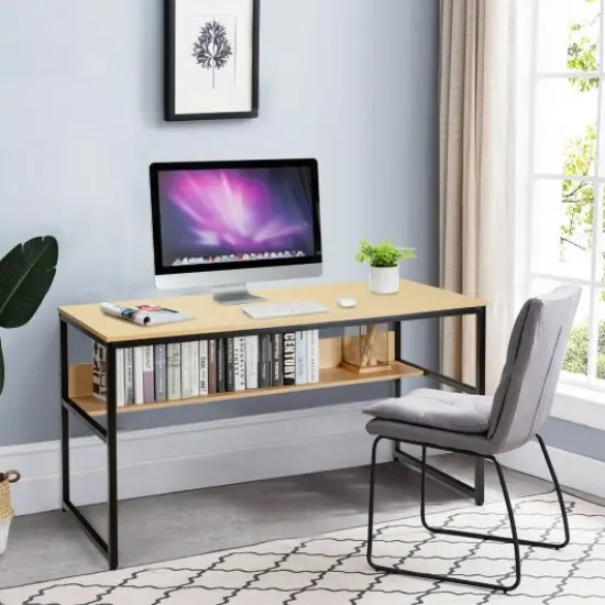55-Inch Computer Writing Table Workstation with Bookshelf Perfect for Home or Office Natural {5}