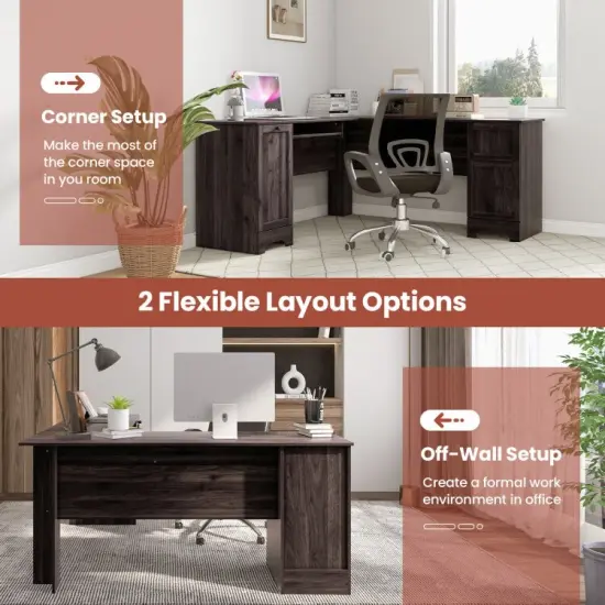 L-Shaped Office Desk with Storage Drawers and Keyboard Tray Walnut {9}