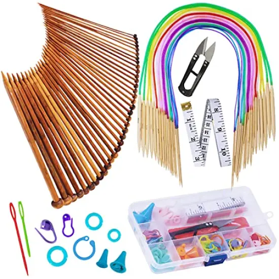 18 pcs Bamboo Knitting Needles Set, Exquiss 18 Pairs Circular(31.5&rdquo;) Wooden Knitting Needles with Colored Plastic Tube, 36PCS Single Pointed Bamboo Knitting Needles(9.5&rdquo;), Include Knitting Tools for Weaving {1}