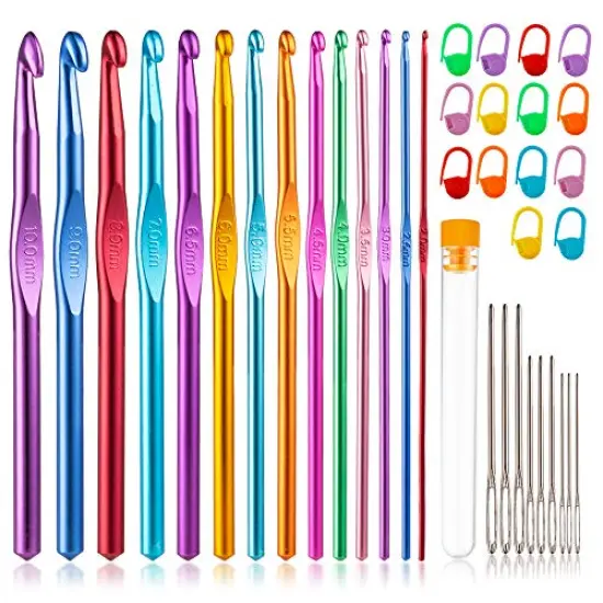 37 PCS Crochet Hooks Set, High Quality Coloured Aluminum Ergonomic Handle Crochet, Hook Needles for Arthritic Hands, with Stitch Markers and Large-Eye Blunt Needles {2}