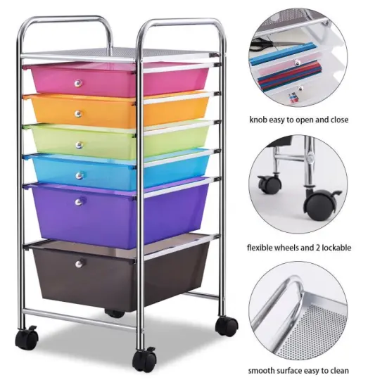 Multi-functional 6 Drawers Rolling Storage Cart Organizer with Four Movable Casters Clear Multicolor {5}