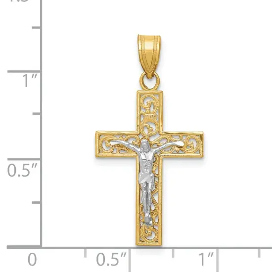 14K Two Tone Gold Diamond Cut Cross Crucifix Pendant Charm Jewelry 31 x 16 mm {2}