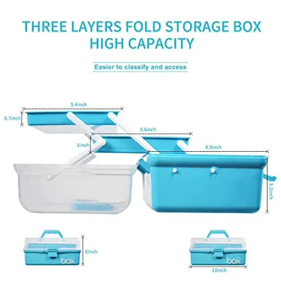 12'' Three-Layer Multipurpose Storage Box Organizer Folding Tool Box/Art & Crafts Case/Sewing Supplies Organizer/Medicine Box/Family First Aid Box with 2 Trays (Blue) {6}