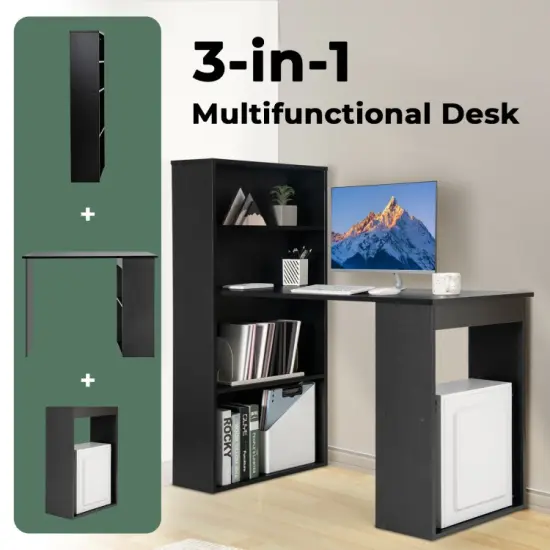 48" Computer Writing Desk with Bookshelf with Storage Shelves for Home Office Study Room Black {5}