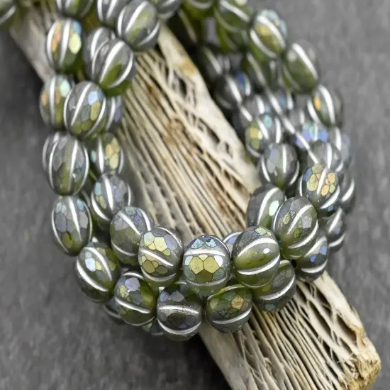 *20* 8mm Silver Washed Matte Peridot AB Faceted Round Melon Beads {2}