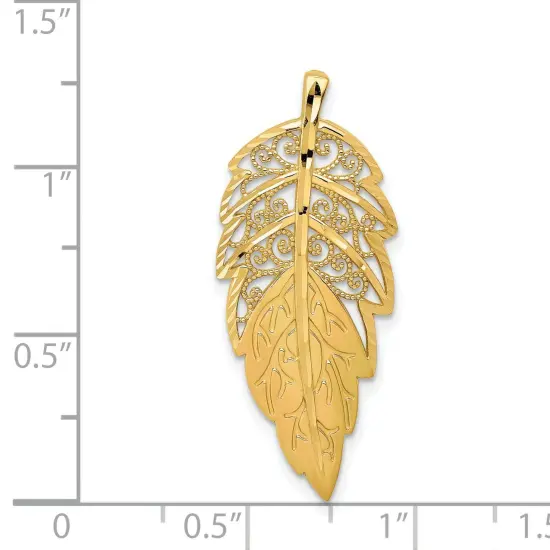14K Gold Diamond Cut Leaf Pendant Charm Jewelry 32 x 14 mm {2}