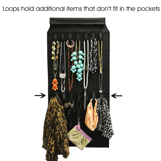 39 Pocket Black Polyester Hanging Jewelry Organizer with 28 Holding Loops {4}