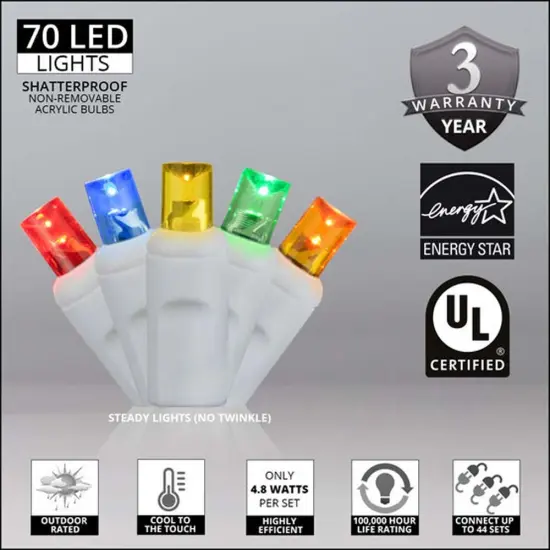 70 Multicolor 5mm LED Christmas Lights, White Wire, 4" Spacing Multi-Color {2}