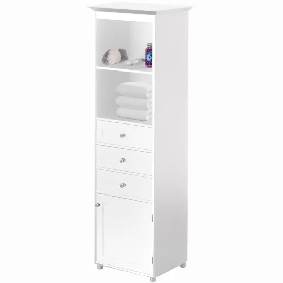Tall Freestanding Storage Organizer Linen Tower, Vanity Closet, Bathroom Cabinet with 2 Open shelves, 3 Drawers, and a Closet White {7}