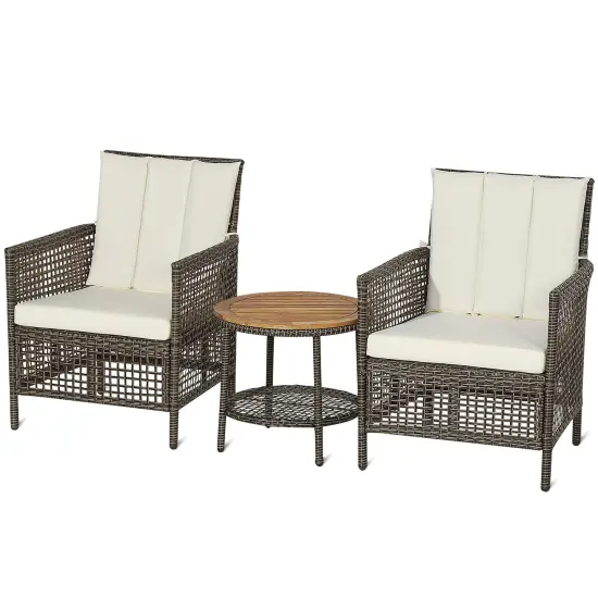 Costway Patiojoy 3PCS Patio Rattan Furniture Set Cushioned Sofas Wood Table Top W/Shelf {3}