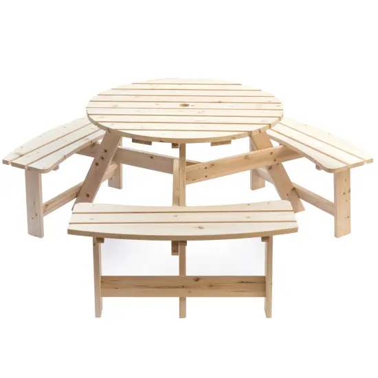 Wooden Outdoor Round Picnic Table with Bench for Patio, 6- Person with Umbrella Hole Stained {5}