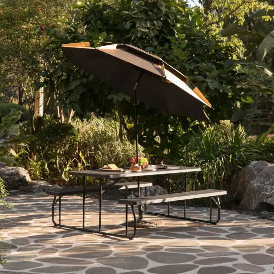 Outdoor Foldable Woodgrain Picnic Table Set with Metal Frame 6 Ft. Black {4}