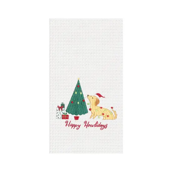 Christmas "Happy Howlidays" Dog with Christmas Tree Cotton Embroidered Waffle Weave Kitchen Dish Towel {1}