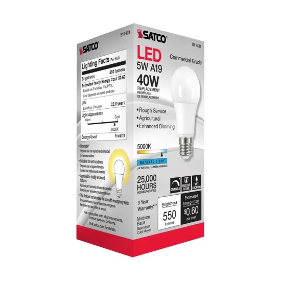 Satco 5w A19 LED Commercial Grade Agriculture Bulb 5000K 120v - 40w-equiv Natural Light {4}