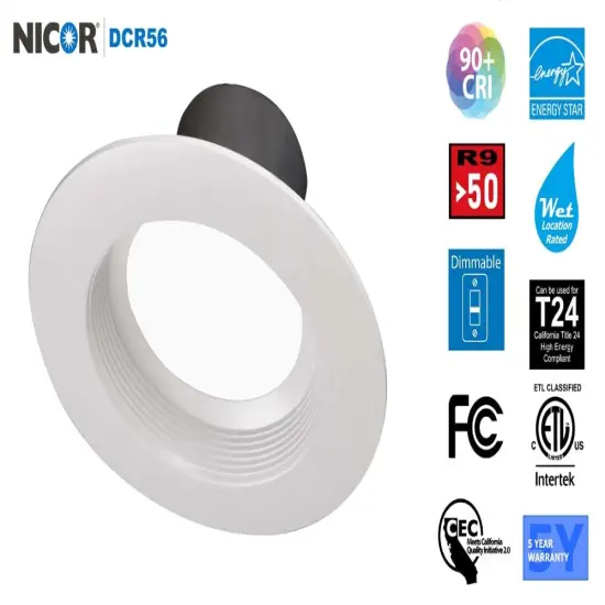 NICOR 5/6in. 878Lm LED Downlight in White w/ Baffle, 3000K Round Recessed Light {2}