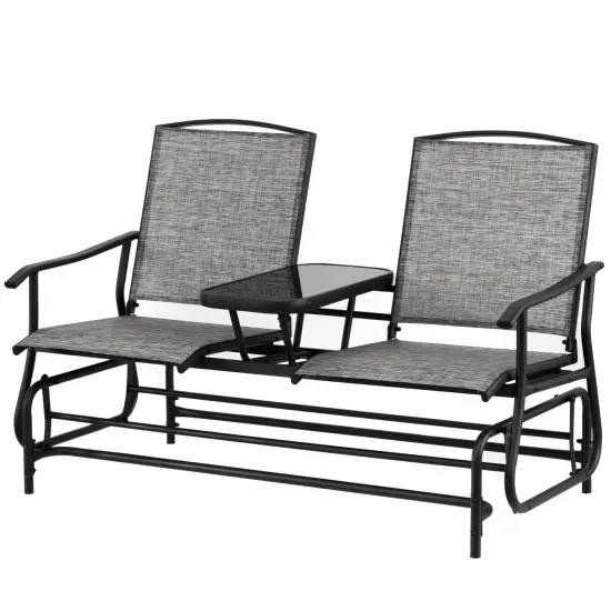 Two Person Outdoor Double Swing Glider Chair Set with Center Tempered Glass Table, Loveseat Lawn Rocker Bench {1}