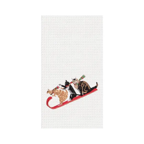 27" x 18" Cats on Sled Tobogganing Embroidered Waffle Weave Kitchen Dish Towel Christmas Holiday Cotton Decor Decoration {1}