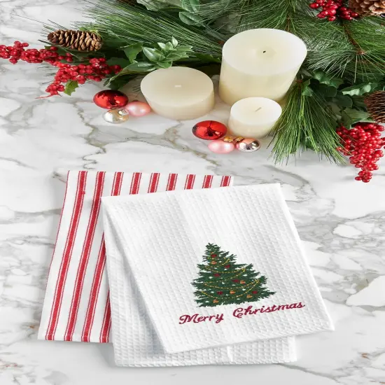 "Merry Christmas" Embroidered Cotton Waffle Weave Kitchen Dishtowel {3}