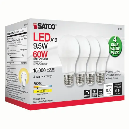 4Pk - Satco 9.5w 120v A19 LED Bulb 3000k Soft White - 60w-equiv {2}
