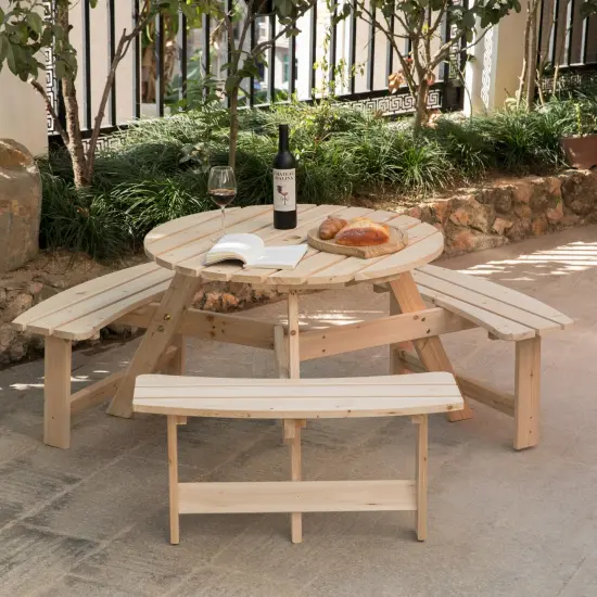 Wooden Outdoor Round Picnic Table with Bench for Patio, 6- Person with Umbrella Hole Stained {6}