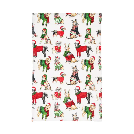 Christmas Dogs in Sweaters & Santa Claus Hats Pattern Cotton Dishtowel {1}