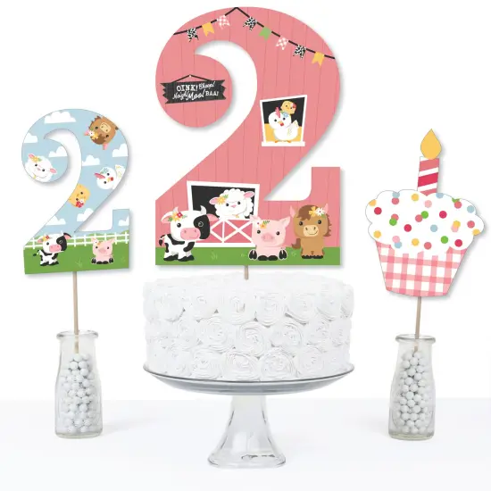 Big Dot of Happiness 2nd Birthday Girl Farm Animals - Pink Barnyard Second Birthday Party Centerpiece Sticks - Table Toppers - Set of 15 {6}