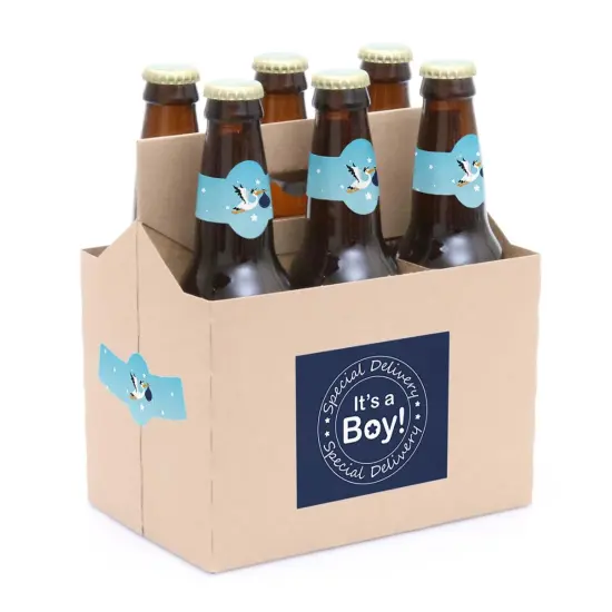 Big Dot of Happiness Boy Special Delivery - Blue It's A Boy Stork Baby Shower Decorations for Women & Men - 6 Beer Bottle Label Stickers & 1 Carrier {3}