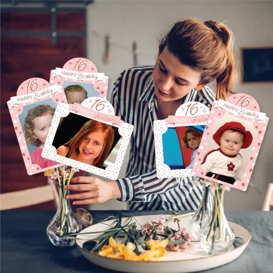 Big Dot of Happiness 16th Pink Rose Gold Birthday Party Picture Centerpiece Photo Table Toppers 15 Pc {3}