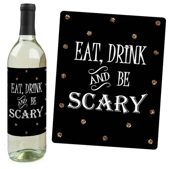 Big Dot of Happiness Spooktacular - Eat, Drink and Be Scary Halloween Party Decorations for Women and Men - Wine Bottle Label Stickers - Set of 4 {3}