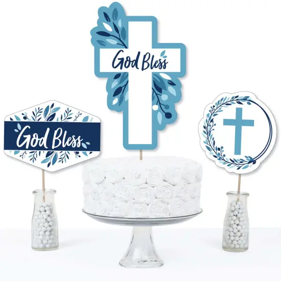 Big Dot of Happiness Blue Elegant Cross - Boy Religious Party Centerpiece Sticks - Table Toppers - Set of 15 {4}