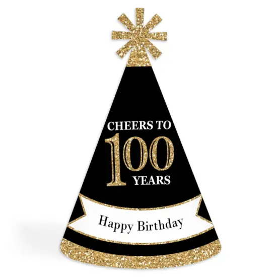 Big Dot of Happiness Adult 100th Birthday - Gold - Cone Birthday Party Hats for Adults - Set of 8 (Standard Size) {1}
