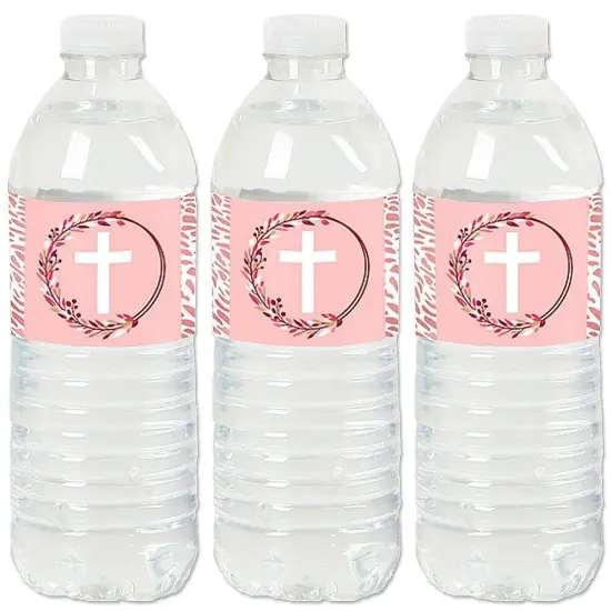 Big Dot of Happiness Pink Elegant Cross - Girl Religious Party Water Bottle Sticker Labels - Set of 20 {1}