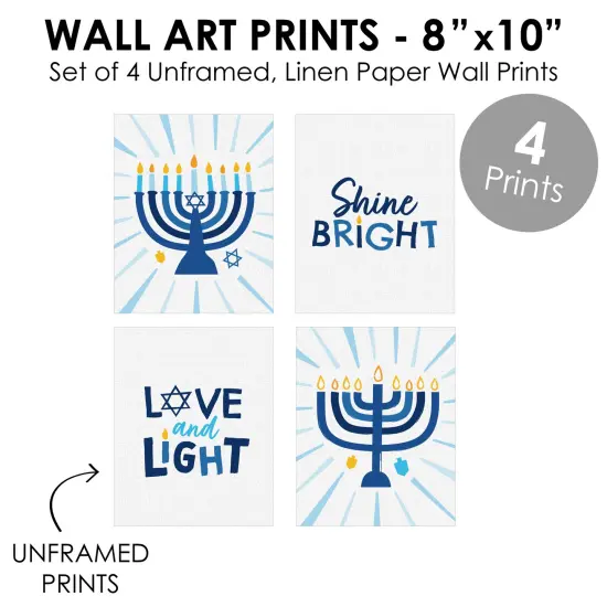Big Dot of Happiness Hanukkah Menorah - Unframed Chanukah Holiday Linen Paper Wall Art - Set of 4 - Artisms - 8 x 10 inches {4}