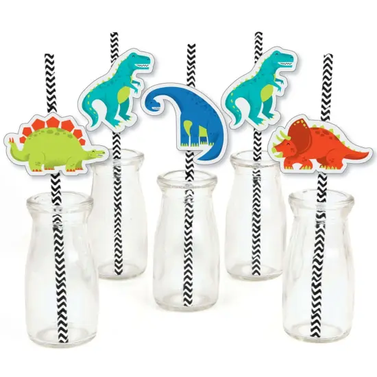 Big Dot of Happiness Roar Dinosaur - Paper Straw Decor - Dino Mite T-Rex Baby Shower or Birthday Party Striped Decorative Straws - Set of 24 {1}