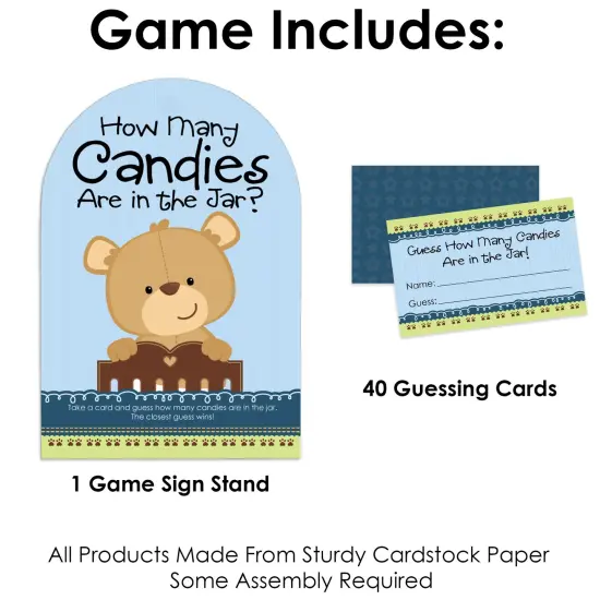 Big Dot of Happiness Baby Boy Teddy Bear - How Many Candies Baby Shower Game - 1 Stand and 40 Cards - Candy Guessing Game {4}