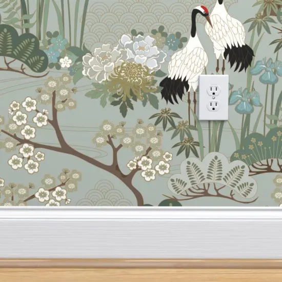 Pre-Pasted Wallpaper 2FT Wide Crane Chinoiserie Sakura Cherry Blossom Floral Birds And Flowers Gardens Custom Pre-pasted Wallpaper by Spoonflower {4}