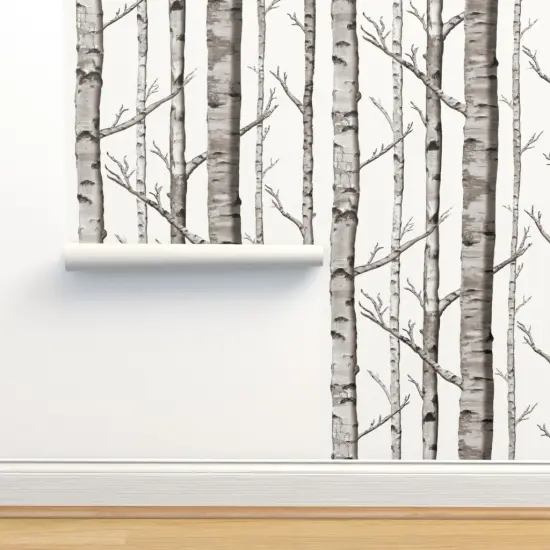Peel & Stick Wallpaper 2FT Wide Grey Woodland Forest Aspen Birch Winter Cabincore Custom Removable Wallpaper by Spoonflower {2}