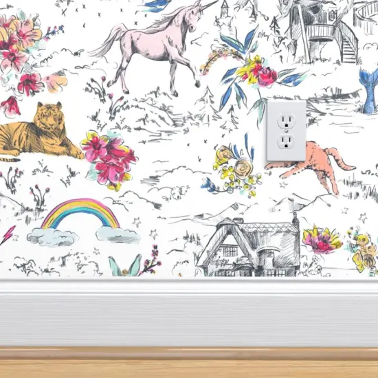 Peel & Stick Wallpaper 2FT Wide Unicorn Fairy Tale Rainbow Toile Castle Mermaid Rabbit Butterfly Bear Custom Removable Wallpaper by Spoonflower {4}