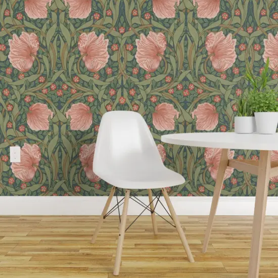 Peel & Stick Wallpaper 2FT Wide Pink Floral Green Botanical Victorian Garden William Morris Vintage Flower Leaves Art Nouveau Large Scale Custom Removable Wallpaper by Spoonflower {1}