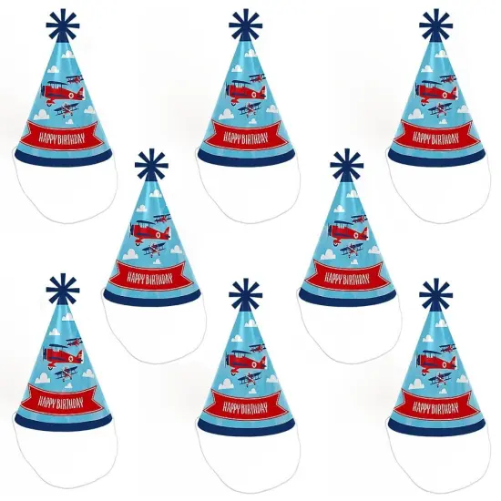 Big Dot of Happiness Taking Flight - Airplane - Cone Happy Birthday Party Hats for Kids and Adults - Set of 8 (Standard Size) {7}
