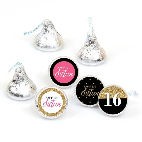 Big Dot of Happiness Chic 16th Birthday - Pink, Black and Gold - Round Candy Sticker Favors - Labels Fits Chocolate Candy (1 sheet of 108) {1}