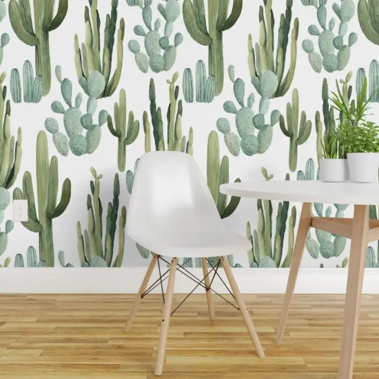 Pre-Pasted Wallpaper 2FT Wide Desert Cactus Greenery Cacti Watercolor Southwestern Boho Nursery Succulents Kid Decor Custom Pre-pasted Wallpaper by Spoonflower {1}