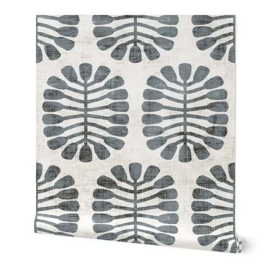 Peel & Stick Wallpaper 2FT Wide Mid Century Nature Mod Grey Geometric Faux Linen Look Retro Botanical Custom Removable Wallpaper by Spoonflower {7}